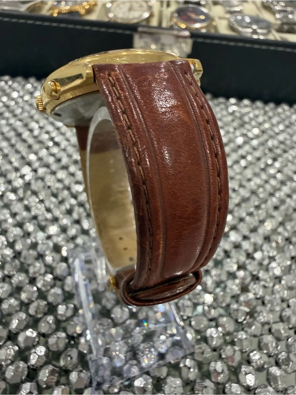 Pulsar Gold-Tone Chronograph Watch with Blue Subdials and Brown Strap